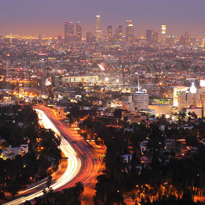 a view of downtown LA at dusk from Mulholland Drive